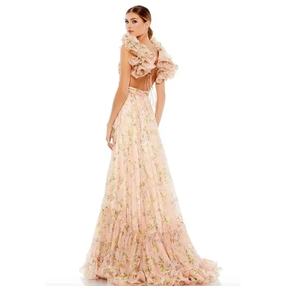 Anthropologie Mac Duggal Indy Ruffle Tiered Floral Chiffon Gown Size 2 Maxi Dres - Picture 2 of 8